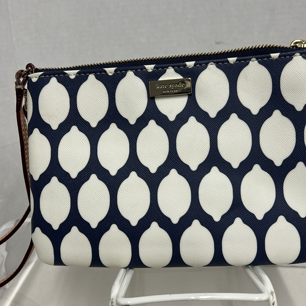 Kate Spade Navy White Lemon Print Zippered Top Wristlet Purse - Picture 7 of 7